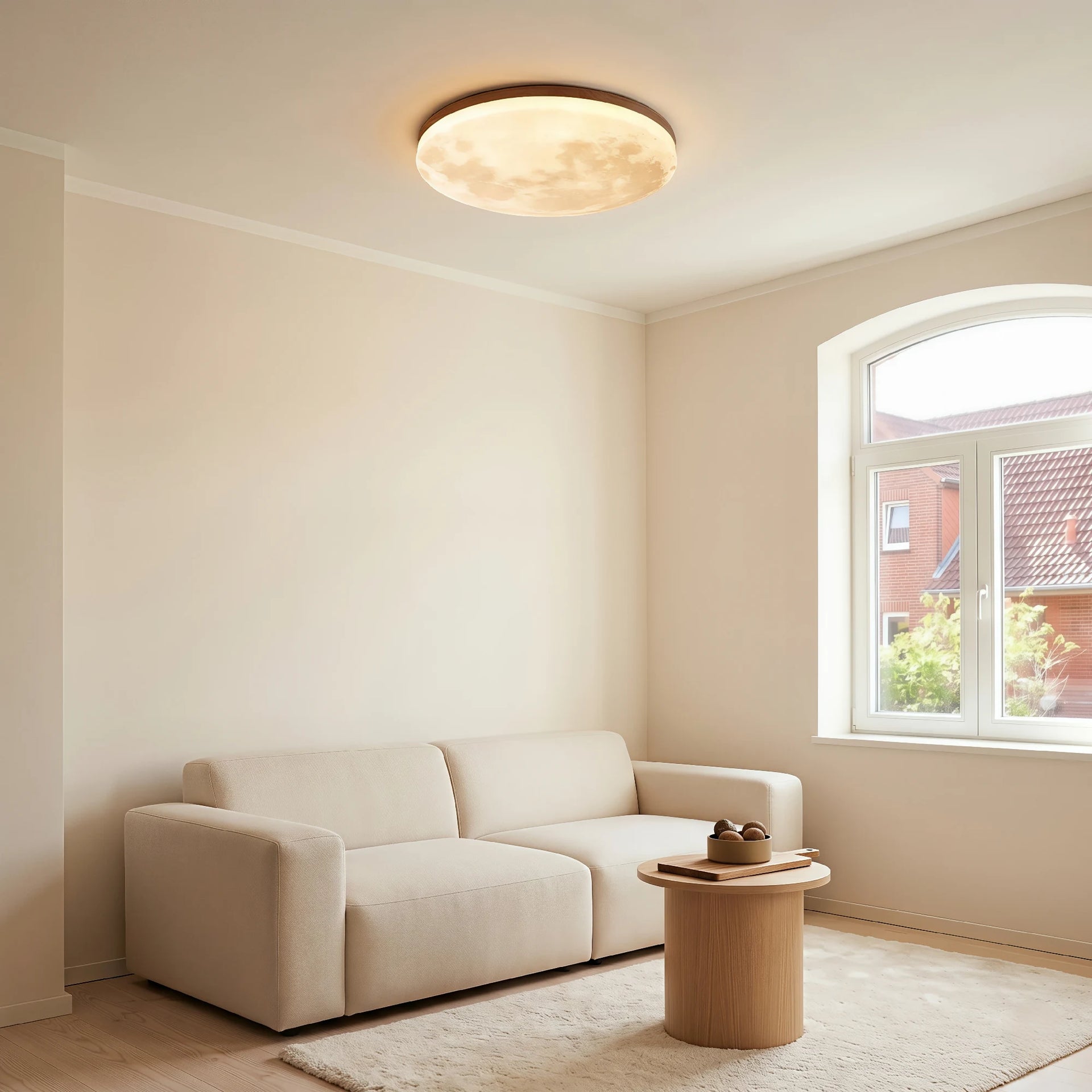 LumoraLicht Moderne Runde Mond Holz Acryl LED Deckenleuchte für Wohnzimmer, Schlafzimmer - Deckenlampe warmweiß,rund